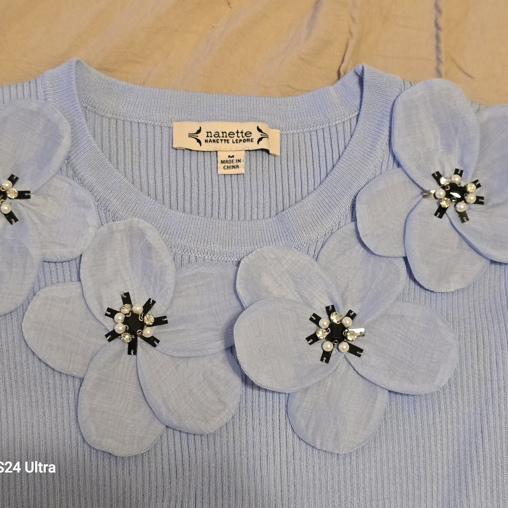 Nanette Lepore Light Blue Sweater with Floral Embellishments